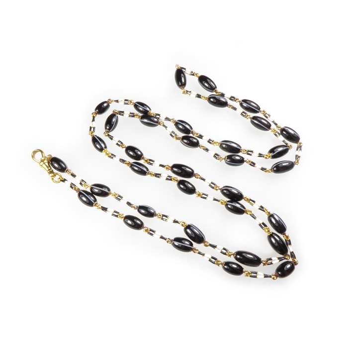 Banded black and white agate and enamel chain necklace